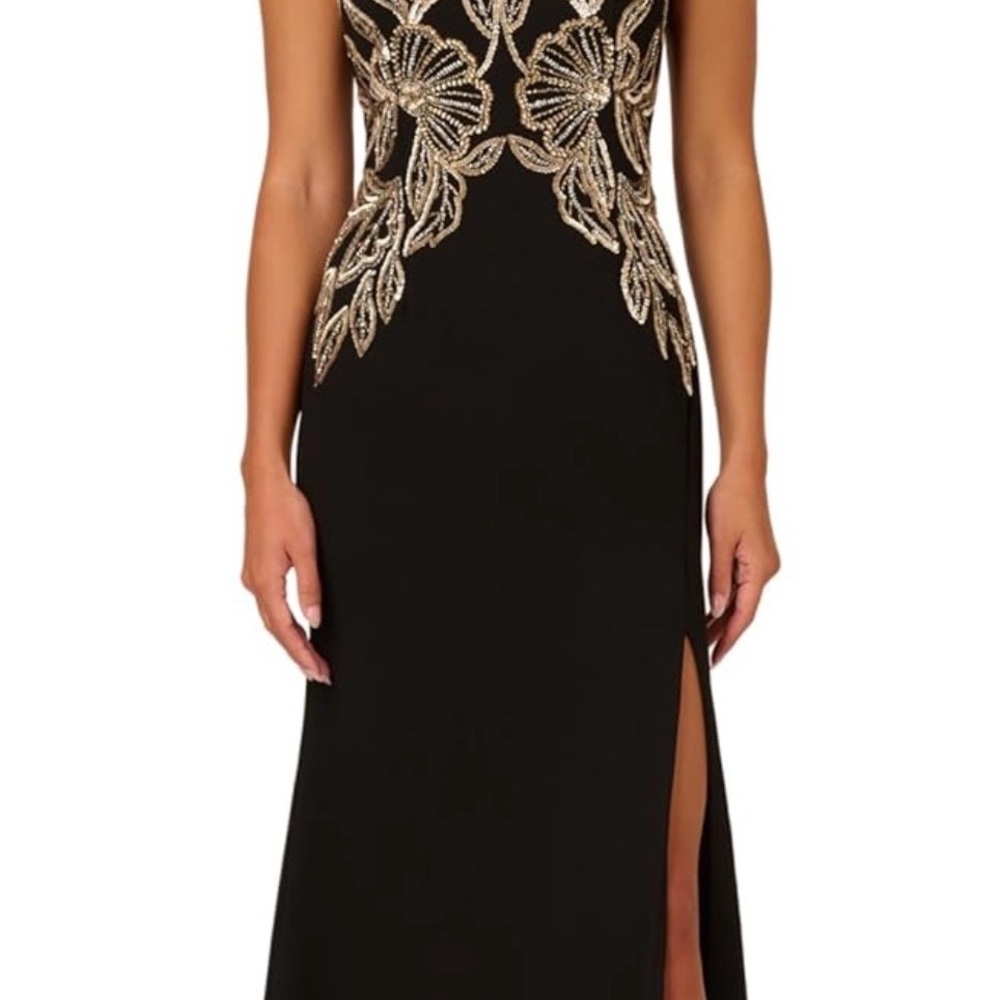 Adrianna Papell Black Maxi Dress with Gold Embroidery